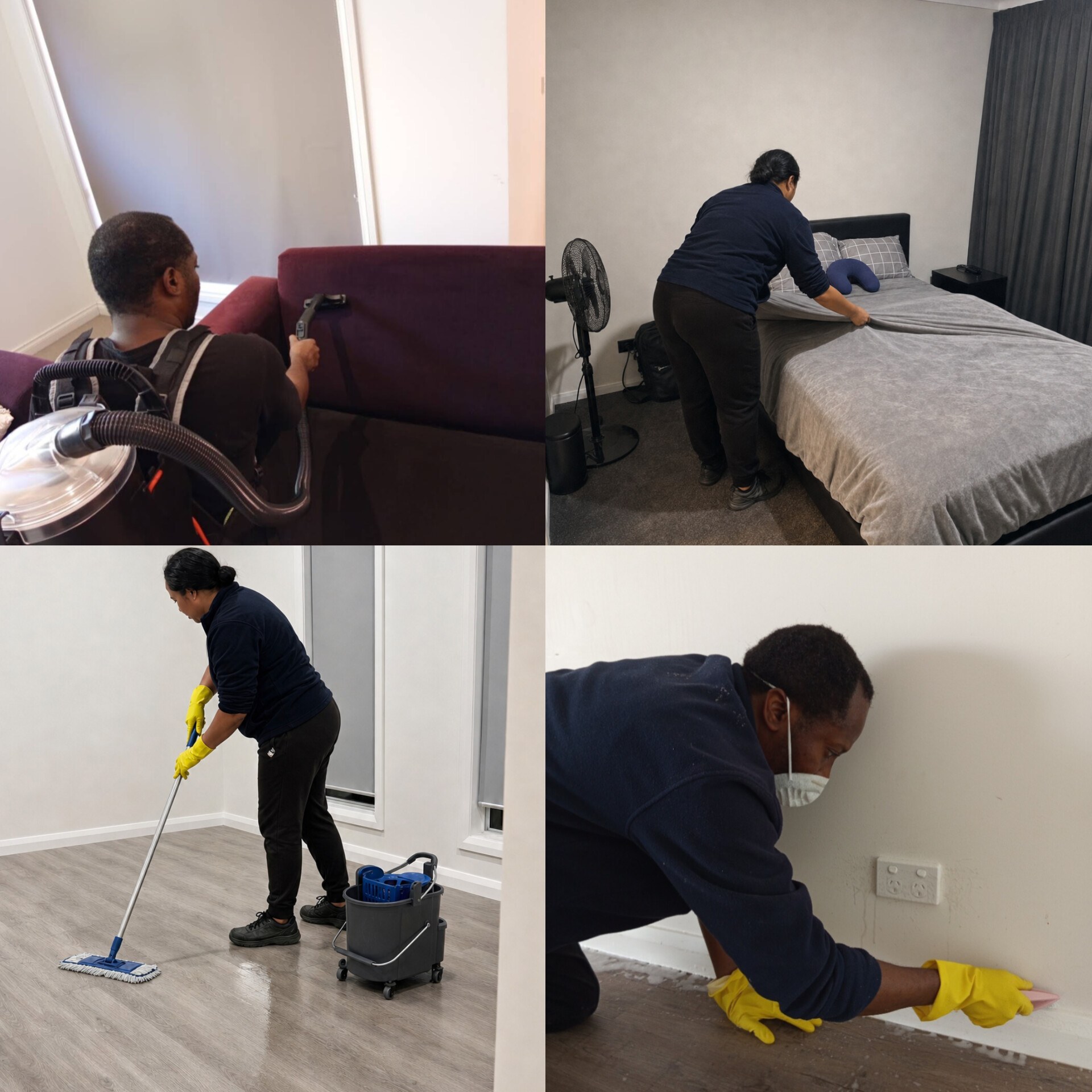 Vine Cleaning team in action: vacuuming furniture, making beds, mopping floors, and detailed scrubbing