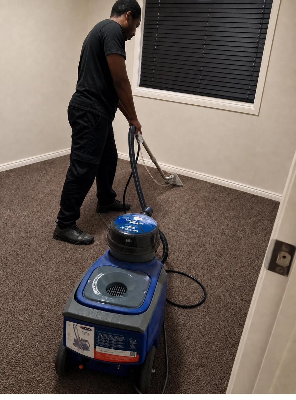 Vine Cleaning team member using professional hot water extraction equipment on a carpet floor