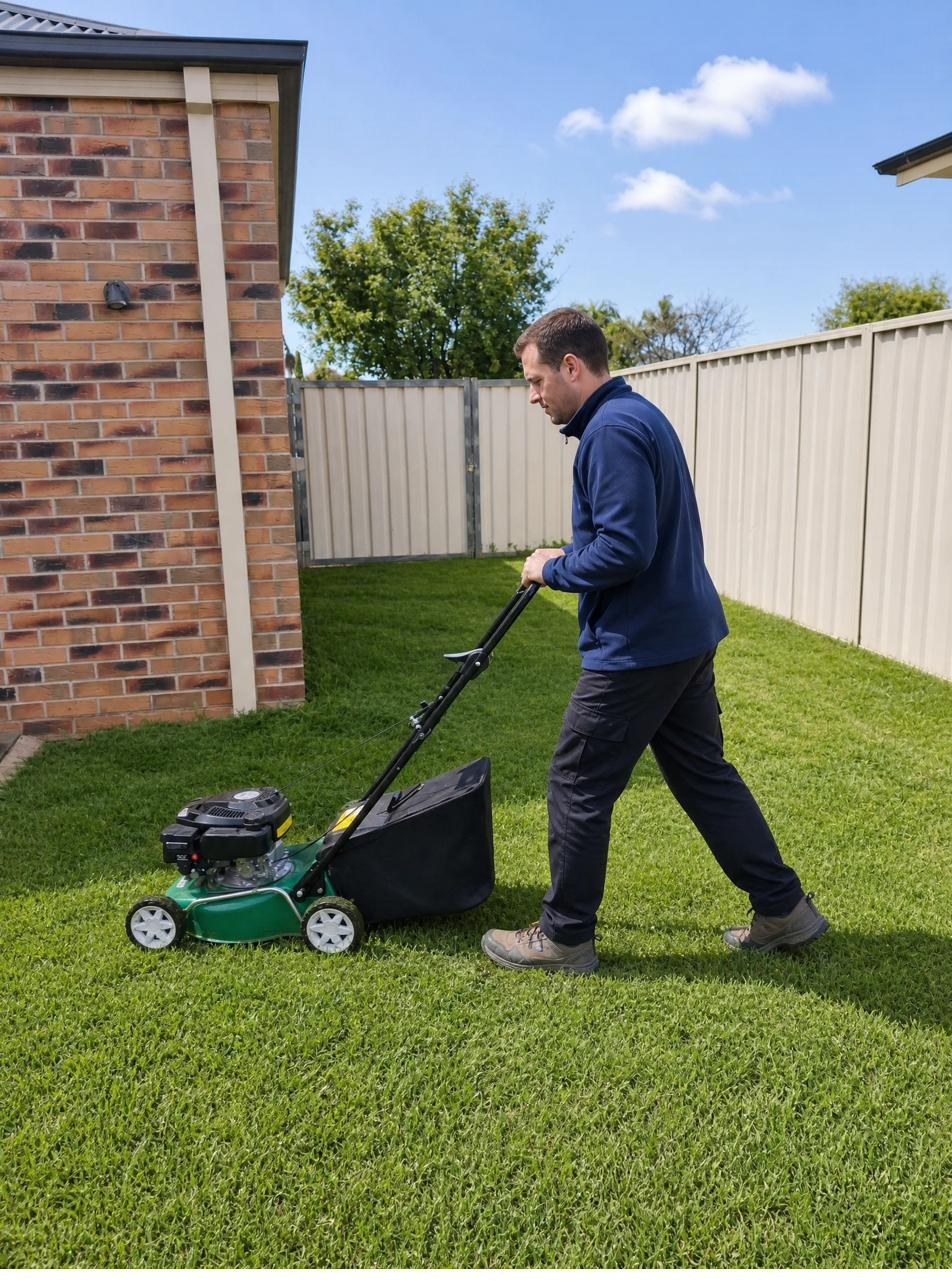 Vine Cleaning team member mowing a residential backyard lawn