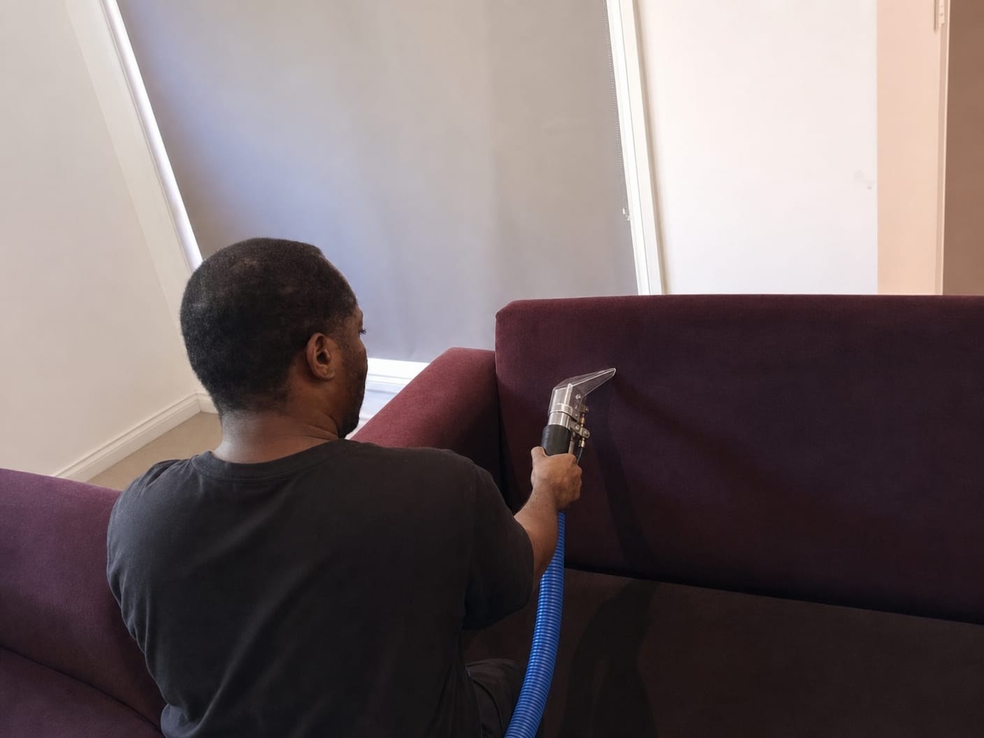 Vine Cleaning team member performing professional upholstery extraction on a sofa